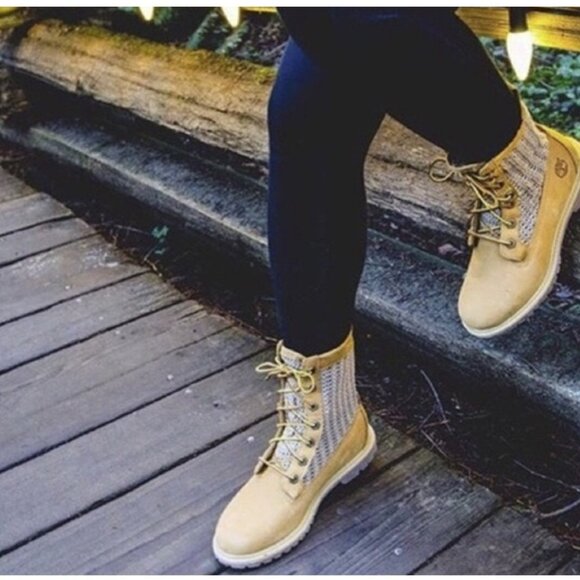 TIMBERLAND Women's Open Weave Knit Mesh Nubuck Wheat Crochet Tan Combat Boots - Picture 5 of 12